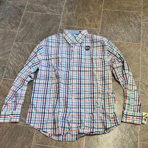 Izod Men's Blue and Orange Checkered Shirt
